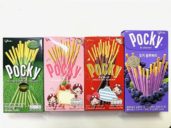 POCKY BISCOITO DE PALITO NOS SABORES COOKIE, BLUEBERRY, CHOCOLATE COM BANANA, MORANGO, MATCHA E CHOCOLATE - 45g