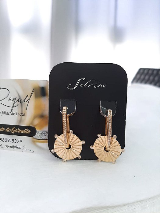 Brinco Sabrina Joias Medalha, Pendurado com Pedras de Zircônia Branca
