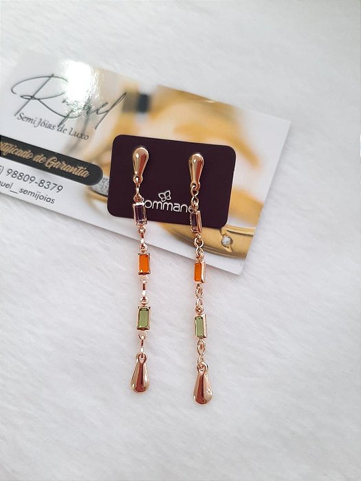 Brinco Rommanel  Folheado a Ouro 18k, com Zircônias Coloridas.