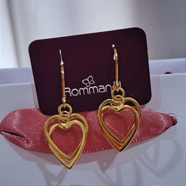 Brinco Rommanel Folheado a Ouro 18k Coração Duplo