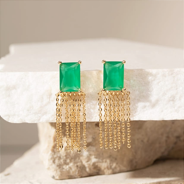 Brinco Santa Prata Folheado a Ouro 18k Cristal Esmeralda Retângulo com Franja