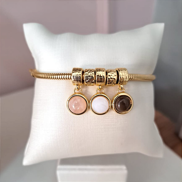 Pulseira Possebon Joias Com 5 Berloques, Com Pedras Naturais, Quartzo Rosa, Madrepérola E Obsidiana Fumê