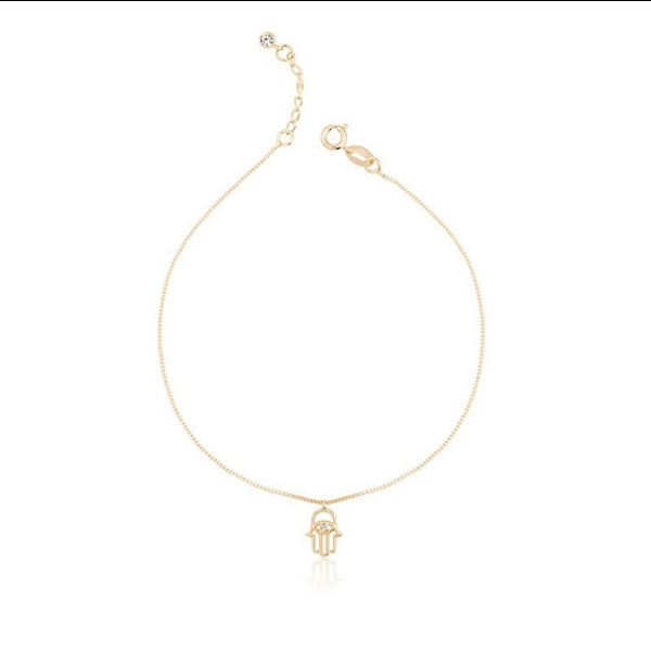 TORNOZELEIRA SABRINA JOIAS, FOLHEADO A OURO 18K, MÃO DE FÁTIMA