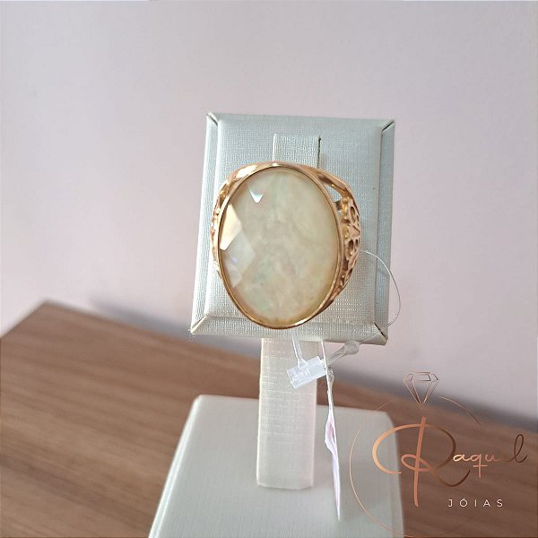 Anel Possebon Joias Folheado a Ouro 18k com Pedra Natural Nautilus, Ajustável 20-24