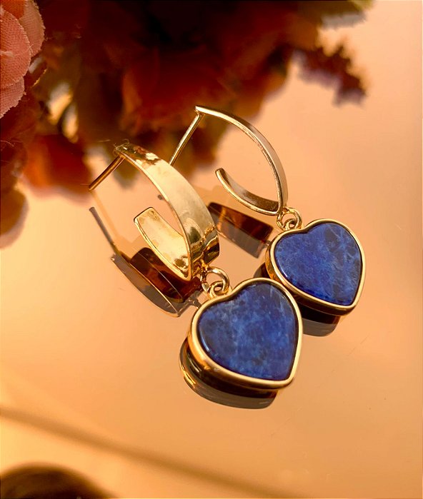 Brinco Folheado a Ouro 18k Com Pedra Natural Sodalita