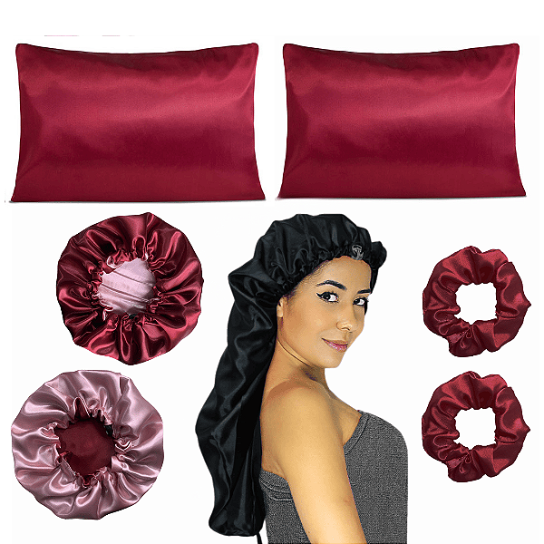 Kit 2 Fronhas de Cetim Touca Longa Touca De Cetim 2 Xuxinhas Scrunchies Vinho