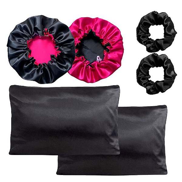 kit 2 fronhas Preta 2 toucas Pink com Preto e 2 Xuxinhas Sortidas