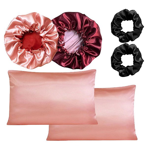 kit 2 fronhas Rose 2 toucas Rose com Vinho e 2 Xuxinhas Sortidas