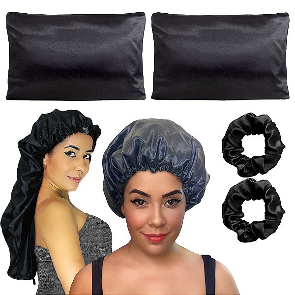 Kit 2 Fronhas de Cetim Touca Longa Touca De Cetim 2 Xuxinhas Scrunchies Preto