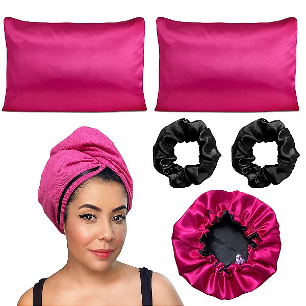 Kit antifrizz touca de cetim pink e pink  toalha micro pink 02 fronhas preta 02 xuxinhas