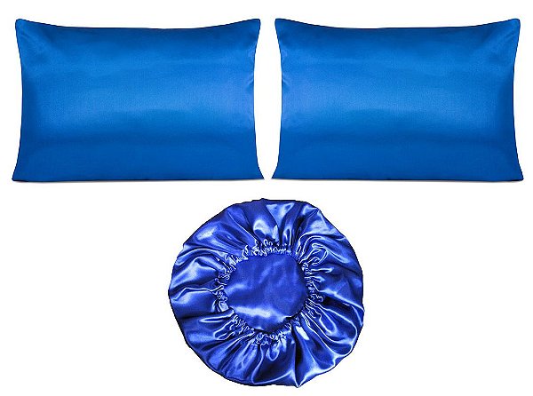Kit 2 Fronhas Touca Duplo Cetim Azul Royal