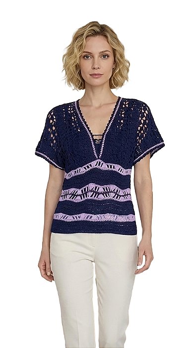 Blusa De Crochê Azul Marinho Com listras Em Tom Lilás!