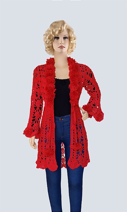 Casaco de Crochê com Pompons – Vermelho