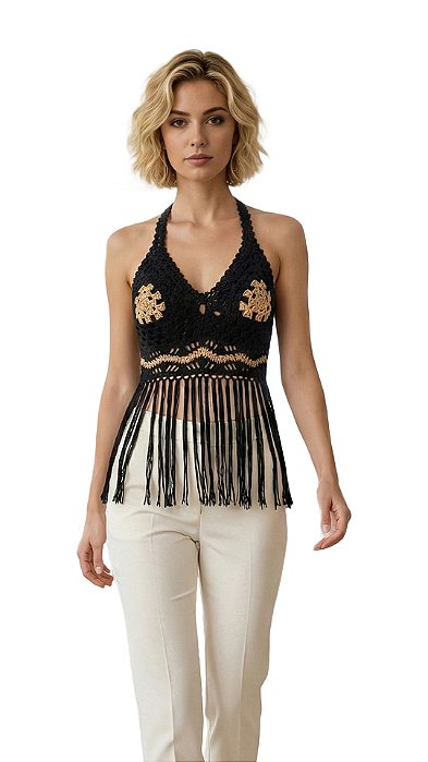 Cropped de Crochê Preto com Detalhes em Camel.