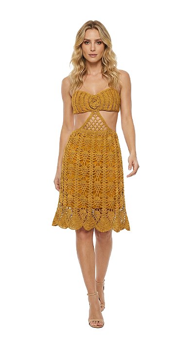Vestido de Crochê Amarelo Mostarda com Lurex Dourado!