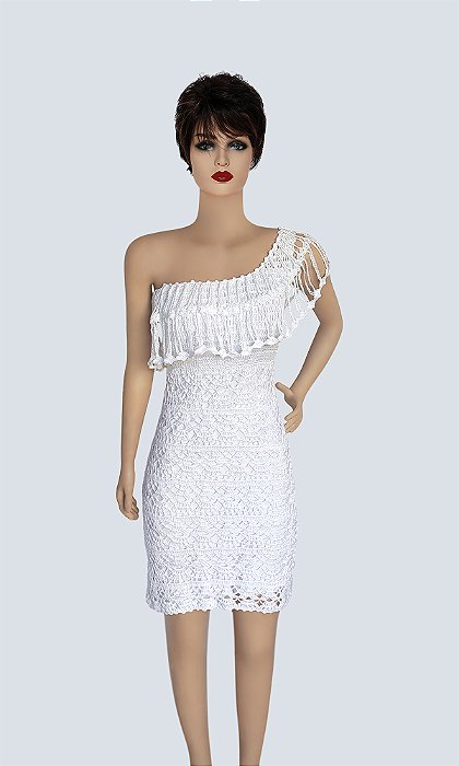 Vestido de Croch Branco Modelo Um Ombro S