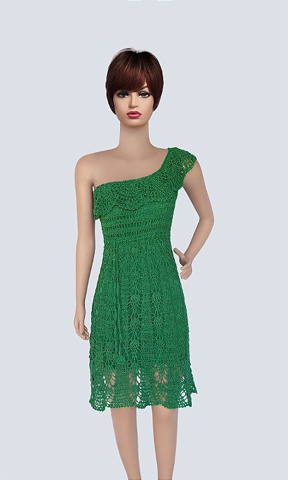 Vestido de Crochê, Modelo Um Ombro Só, Verde Com Lurex Dourado!