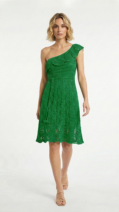 Vestido de Crochê, Modelo Um Ombro Só, Verde Com Lurex Dourado!