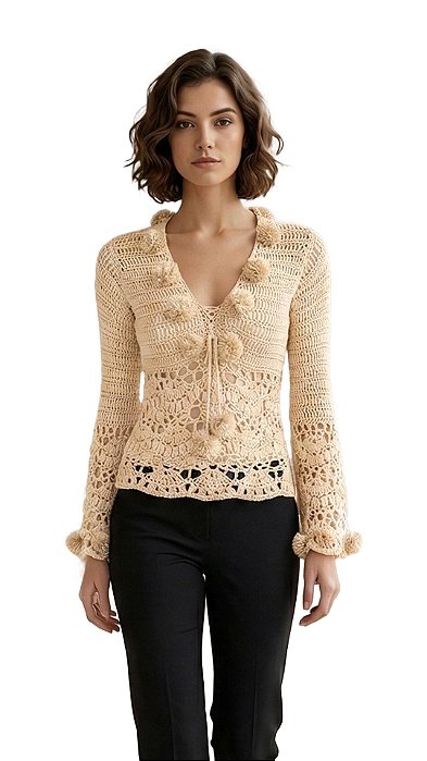 Blusa de crochê com delicados pompons, modelo exclusivo Krafiti!