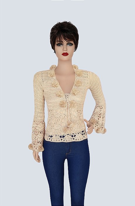 Blusa Artesanal Decote V Com Amarração!