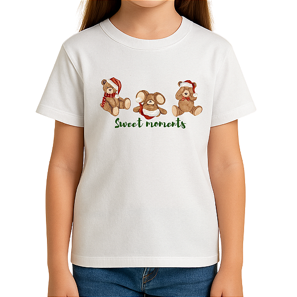 Camiseta Infantil Natal Sweet Moments Urso Teddy- OFF white - 100% Algodão - 4 a 12 anos - Cambitinhos