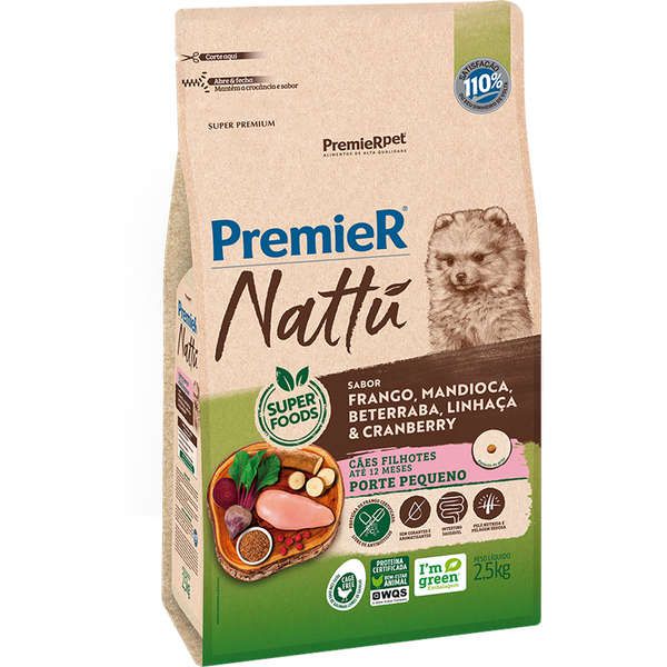 Ração Seca PremierPet Nattú Para Cães Filhotes Pequeno Porte Sabor Mandioca - Frango, Beterraba, Linhaça e Cranberry - Super Premium
