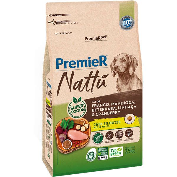 Ração Seca PremierPet Nattú Para Cães Filhotes Sabor Mandioca - Frango, Beterraba, Linhaça e Cranberry - Super Premium