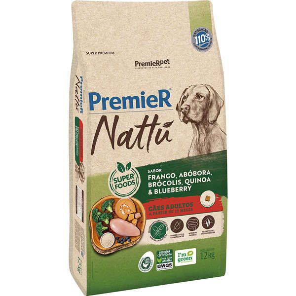Ração Seca PremierPet Nattú Para Cães Adultos Sabor Abóbora - Frango, Brócolis, Quinoa e Blueberry - 12 Kg - Super Premium