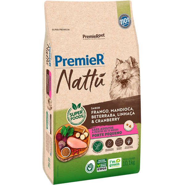 Ração Seca PremierPet Nattú Para Cães Adultos Porte Pequeno Sabor Mandioca - Frango, Beterraba, Linhaça e Cranberry - 10 Kg - Super Premium