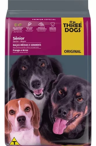 Ração Hercosul Three Dogs Sênior Raças Média e Grandes Sabor Frango e Arroz - Premium Especial