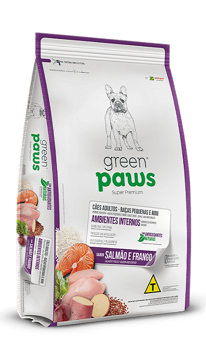 Ração Green Paws Ambientes Internos Sabor Salmão e Frango Para Cães Adultos Raças Pequenas e Minis - Super Premium