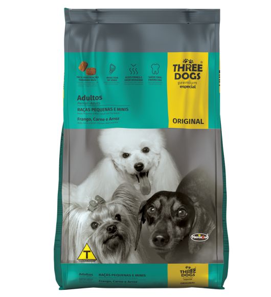 Ração Hercosul Three Dogs Original Adultos Raças Pequenas e Mini Frango carne e Arroz Premium Especial