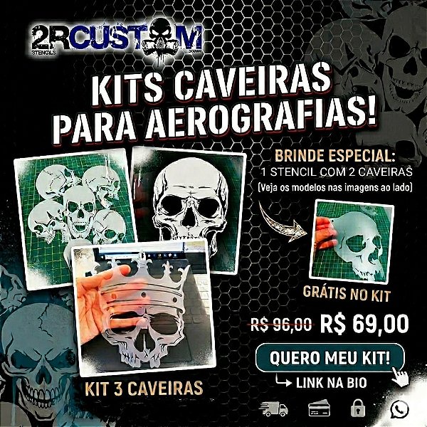 Kit 3 Stencils Caveiras para Aerografias com Desconto