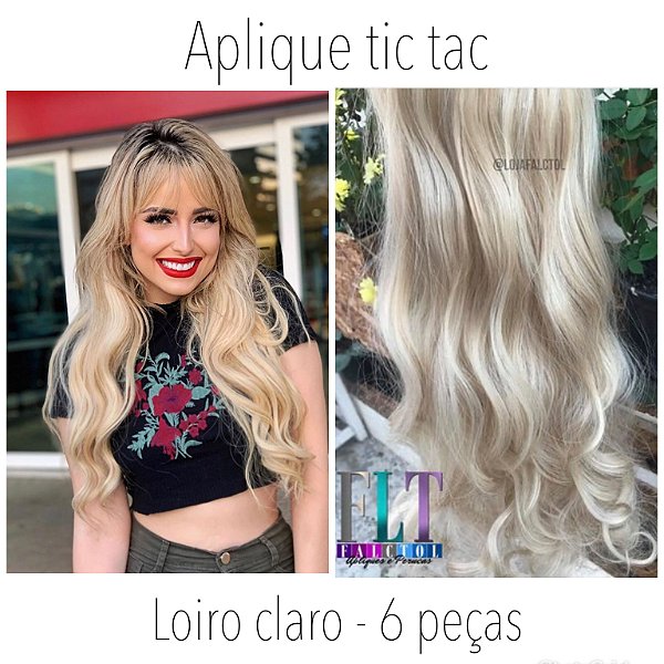 Aplique tic tac cabelo sintético  cacheado - 6 peças - Loiro claro - 55cm