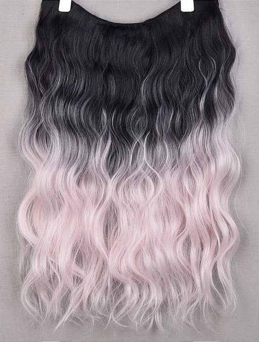Aplique tic tac preto com ombrê hair rosa bebê com cachos 60cm