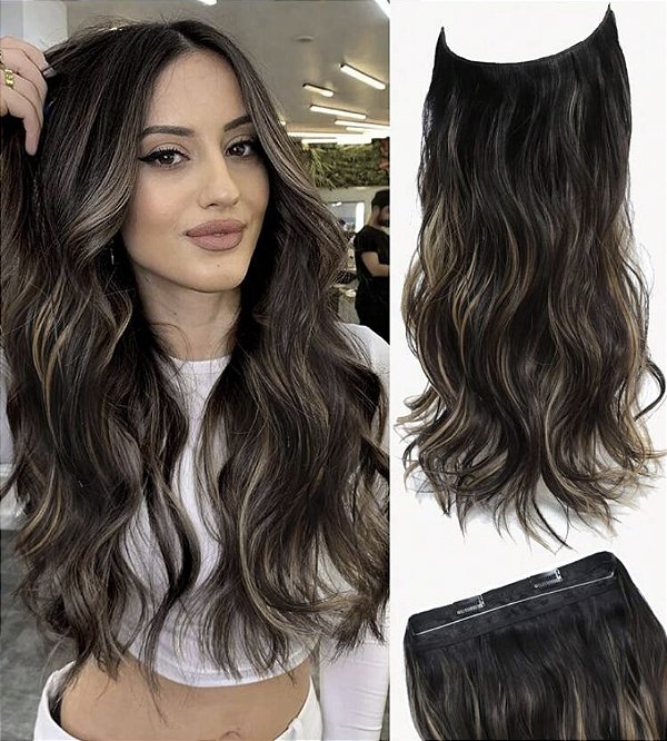 Aplique de tic tac - Castanho com Luzes Loiro Dourado cachos 50cm
