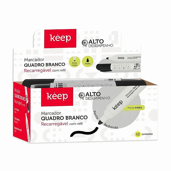 Pincel Marcador de Quadro Branco Recarregável Refil Preto Caixa c/ 12un - Keep - MR005