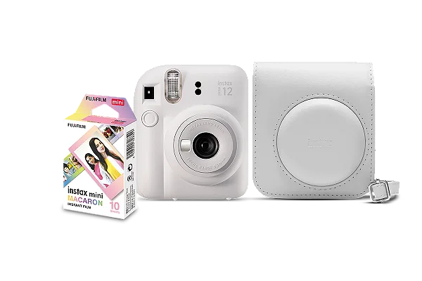Kit Câmera Instantânea Fujifilm Instax Mini 12 Branca + Pack 10 filmes Macaron + Bolsa Branco Marfim