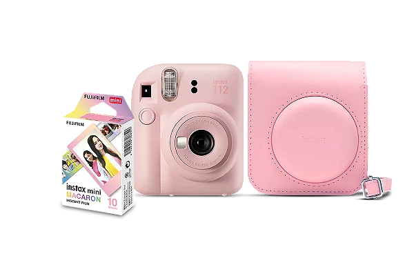 Kit Câmera Instantânea Fujifilm Instax Mini 12 Rosa + Pack 10 filmes Macaron + Bolsa Rosa Gloss