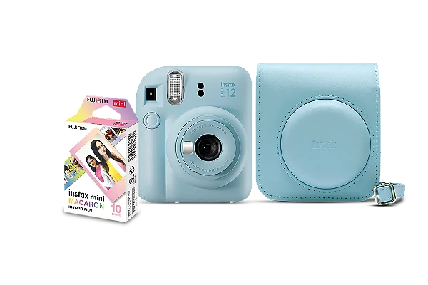 Kit Câmera Instantânea Fujifilm Instax Mini 12 Azul + Pack 10 filmes Macaron + Bolsa Azul Candy