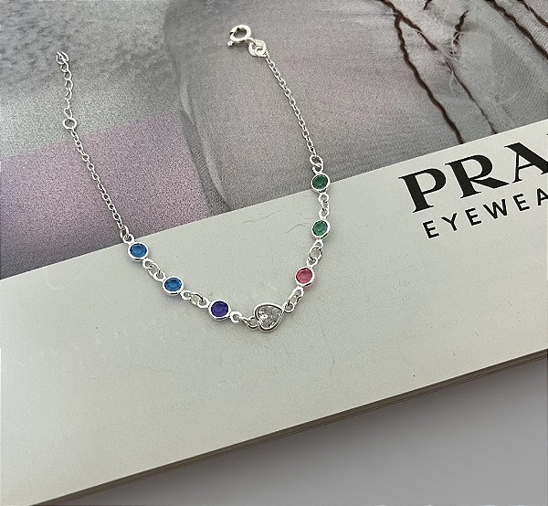 Pulseira com Pedras e Corações de Zircônia Prata 925