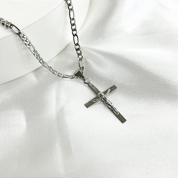 Corrente Masculina Elo 3x1 com Jesus Crucificado em Aço Inox 60cm
