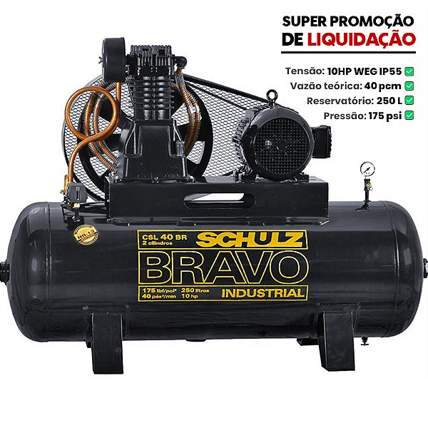 Compressor Schulz Bravo CSL 40/250 - 40pcm 10HP 250L 175psi - Trifasico 220/380V - Motor Blindado (IP55 - 922.9234-0)