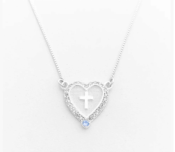 Escapulário em Prata925 - De Coração Cravejado com Zircônias e Água Marinha Cruz e Espírito Santo