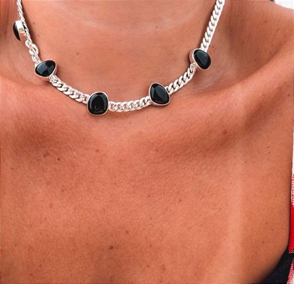 Gargantilha em Prata925 -  Corrente Grumet com Pedra natural