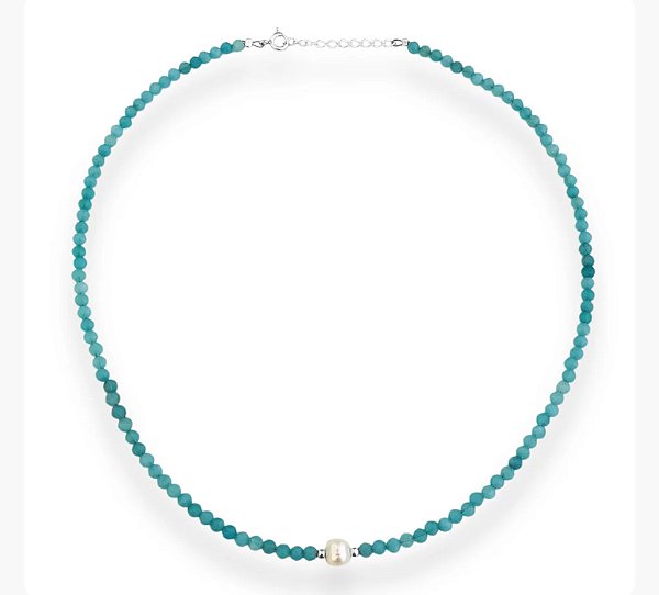 Gargantilha em Prata925 Na Pedra Natural Jade Amazonita com pérola barroca