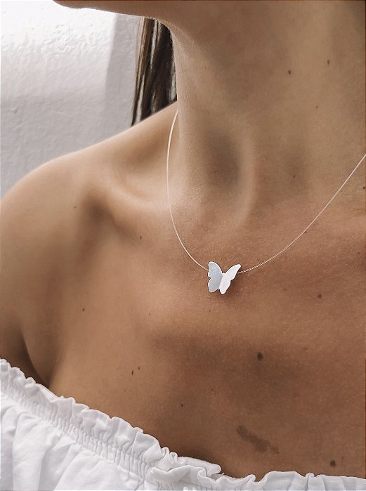 GARGANTILHA EM PRATA925 - LASER FIO DE NYLON COM BORBOLETA