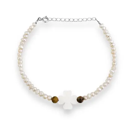 PULSEIRA EM PRATA925 COM PÉROLA E TREVO DE QUATRO FOLHAS
