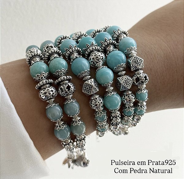 Pulseira em Prata925 - Prata bali na pedra natural