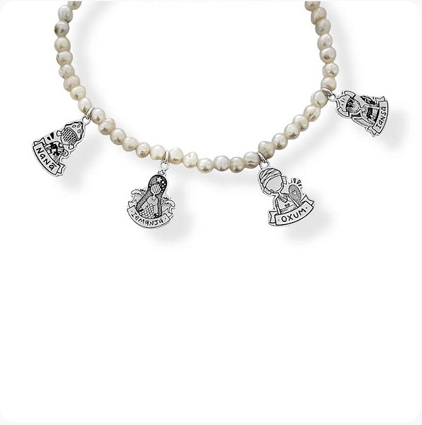Pulseira em Prata925 de Pérolas Pão com Pingentes de Orixás